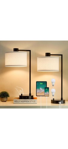 Table Lamp for Bedroom Set of 2 with USB C+A Ports, Fully Stepless Dimmable Bedside Lamp with Linen Lampshade, Contemporary Lamp for Living Room Reading Office, 2 LED Bulbs Included (Black)