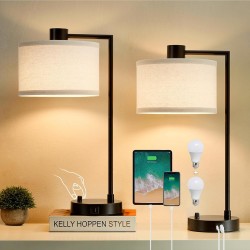 Table Lamp for Bedroom Set of 2 with USB C+A Ports, Fully Stepless Dimmable Bedside Lamp with Linen Lampshade, Contemporary Lamp for Living Room Reading Office, 2 LED Bulbs Included (Black)