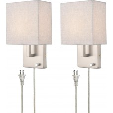 Wall Sconces Brushed Nickel Plug in Sconce Lighting with Linen Wall Light for Bedroom Bathroom Set of 2