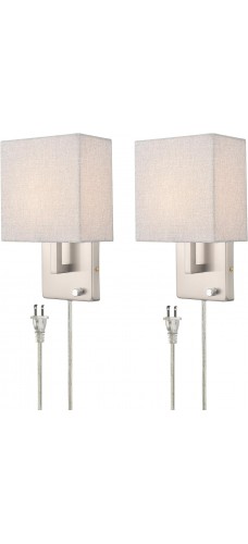 Wall Sconces Brushed Nickel Plug in Sconce Lighting with Linen Wall Light for Bedroom Bathroom Set of 2