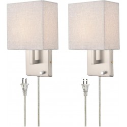 Wall Sconces Brushed Nickel Plug in Sconce Lighting with Linen Wall Light for Bedroom Bathroom Set of 2
