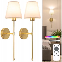 Battery Operated Wall Sconce Set of 2,Gold Rechargeable Wall Lights with 5200mAh Dimmable Detachable Bulbs and Remote,10 Colors Wireless Sconces for Bedroom Living Room Hallway