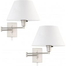 Cambridge 15" Swing Arm Wall Lamp - Plug in/Wall Mount + White Fabric Shade, 150W 3-Way + Cord Covers, Satin Nickel Finish, 2-Pack