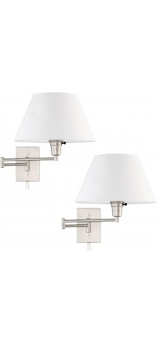 Cambridge 15" Swing Arm Wall Lamp - Plug in/Wall Mount + White Fabric Shade, 150W 3-Way + Cord Covers, Satin Nickel Finish, 2-Pack