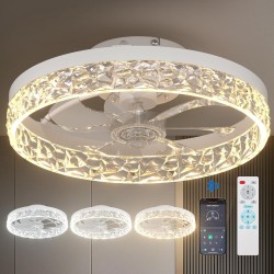 Modern Ceiling Fans with Lights and Remote, Flush Mount,16 Inch Bladeless Ceiling Fans with Light, Low Profile Ceiling Fan, Reversible, 3CCT, Dimmable, Quiet, Ceiling Fans for Bedroom,White