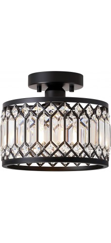 Crystal Black Ceiling Light, Modern Semi Flush Mount Ceiling Lighting Fixture, Round Hallway Lighting Fixtures Ceiling for Kitchen Entryway Bedroom Laundry Room, 1-Light, 9 Inch