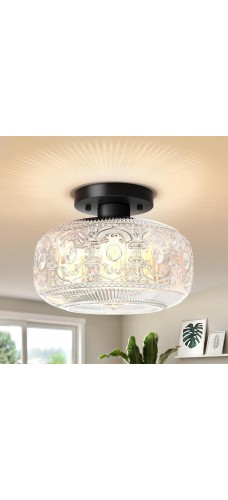 Semi Flush Mount Ceiling Light,Black Vintage Kitchen Ceiling Light Fixture,Globe Glass Close to Crystal Modern Lighting for Hallway Bathroom Bedroom Porch Corridor Entryway,Bulb Not Included
