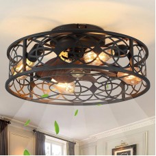 20" Caged Ceiling Fans with Lights Remote Control Low Profile Flush Mount Ceiling Fan,Farmhouse Bladeless Black Ceiling Fan with Light 4 Bulbs 6 Speed Reversible for Kitchen,Bedroom