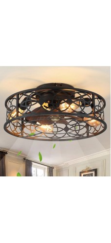 20" Caged Ceiling Fans with Lights Remote Control Low Profile Flush Mount Ceiling Fan,Farmhouse Bladeless Black Ceiling Fan with Light 4 Bulbs 6 Speed Reversible for Kitchen,Bedroom