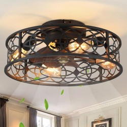 20" Caged Ceiling Fans with Lights Remote Control Low Profile Flush Mount Ceiling Fan,Farmhouse Bladeless Black Ceiling Fan with Light 4 Bulbs 6 Speed Reversible for Kitchen,Bedroom