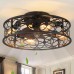 20" Caged Ceiling Fans with Lights Remote Control Low Profile Flush Mount Ceiling Fan,Farmhouse Bladeless Black Ceiling Fan with Light 4 Bulbs 6 Speed Reversible for Kitchen,Bedroom