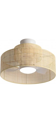 18W LED 21 Inches Dimmable Bamboo Rattan Chandelier Fandelier with Remote Control .Farmhouse 3 Blade Ceiling Fan with Light.Bohemian Woven Semi Flush Wooden Drum Fixture for Bedroom Kitchen