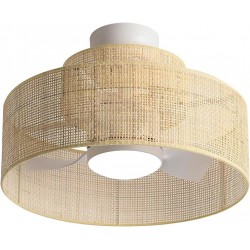 18W LED 21 Inches Dimmable Bamboo Rattan Chandelier Fandelier with Remote Control .Farmhouse 3 Blade Ceiling Fan with Light.Bohemian Woven Semi Flush Wooden Drum Fixture for Bedroom Kitchen