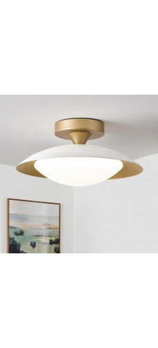 Dimmable White and Gold Ceiling Light, Mid-Century Semi Flush Mount Ceiling Light, Modern LED Lighting Fixture, 5CCT 2700K-6000K Ceiling Lamp with Acrylic Shade for Bedroom Hallway Kitchen, 11.8in